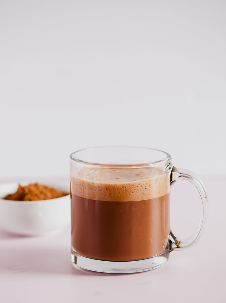hot chocolate in a clear mug