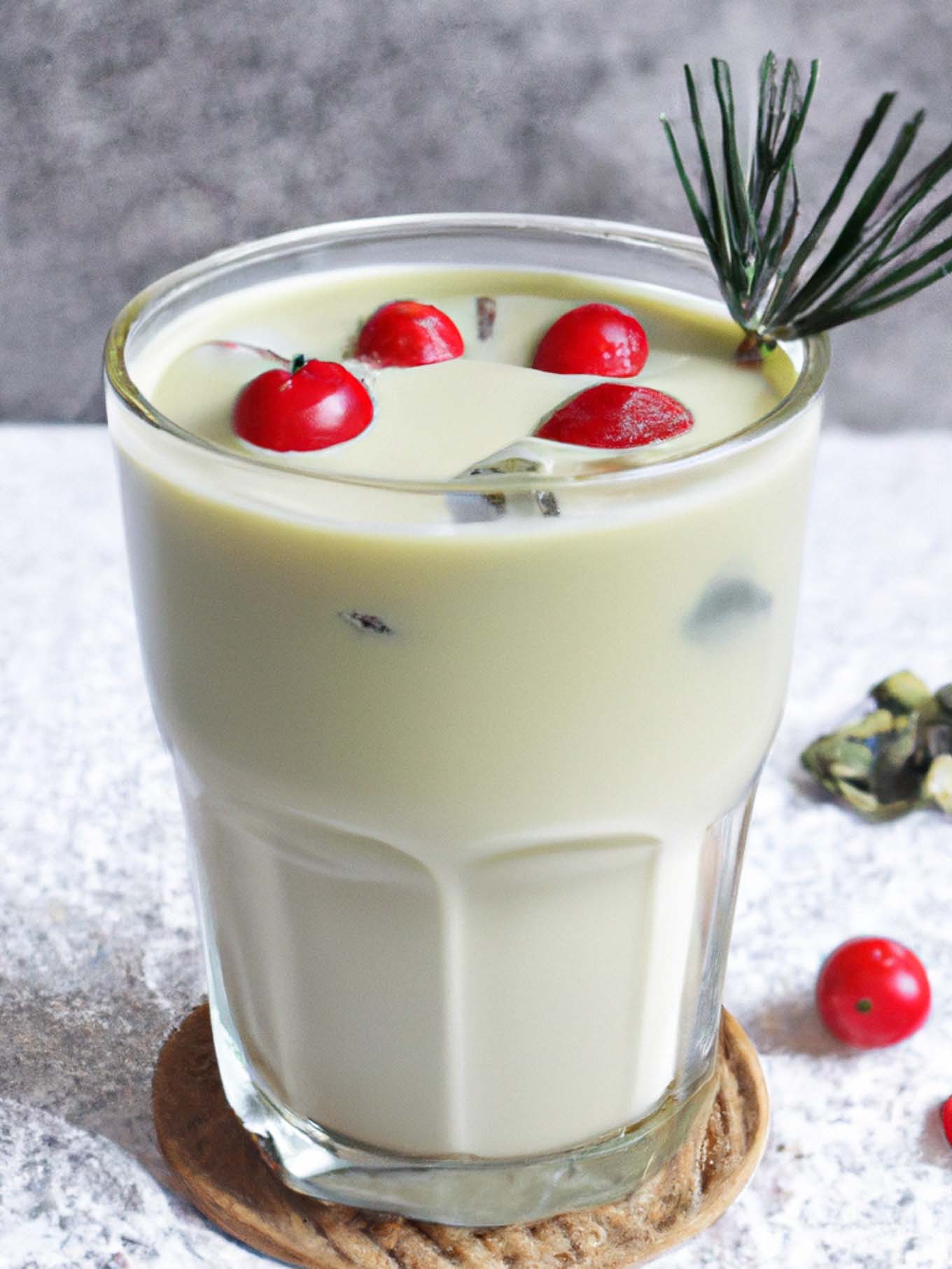 a matcha latte with cranberry garnish in a glass on a white table