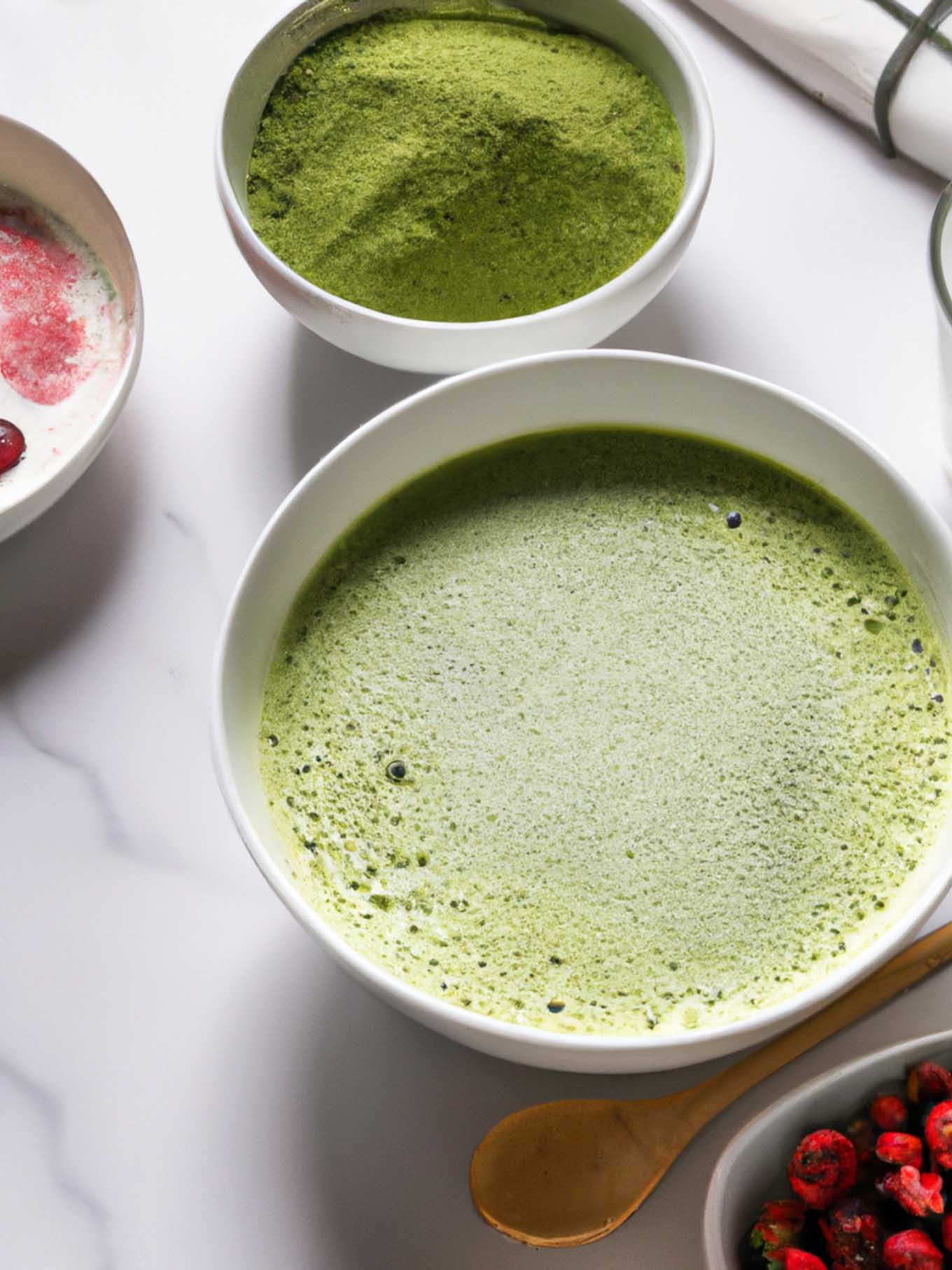 matcha powder, milk, and cranberries in bowls on a white table